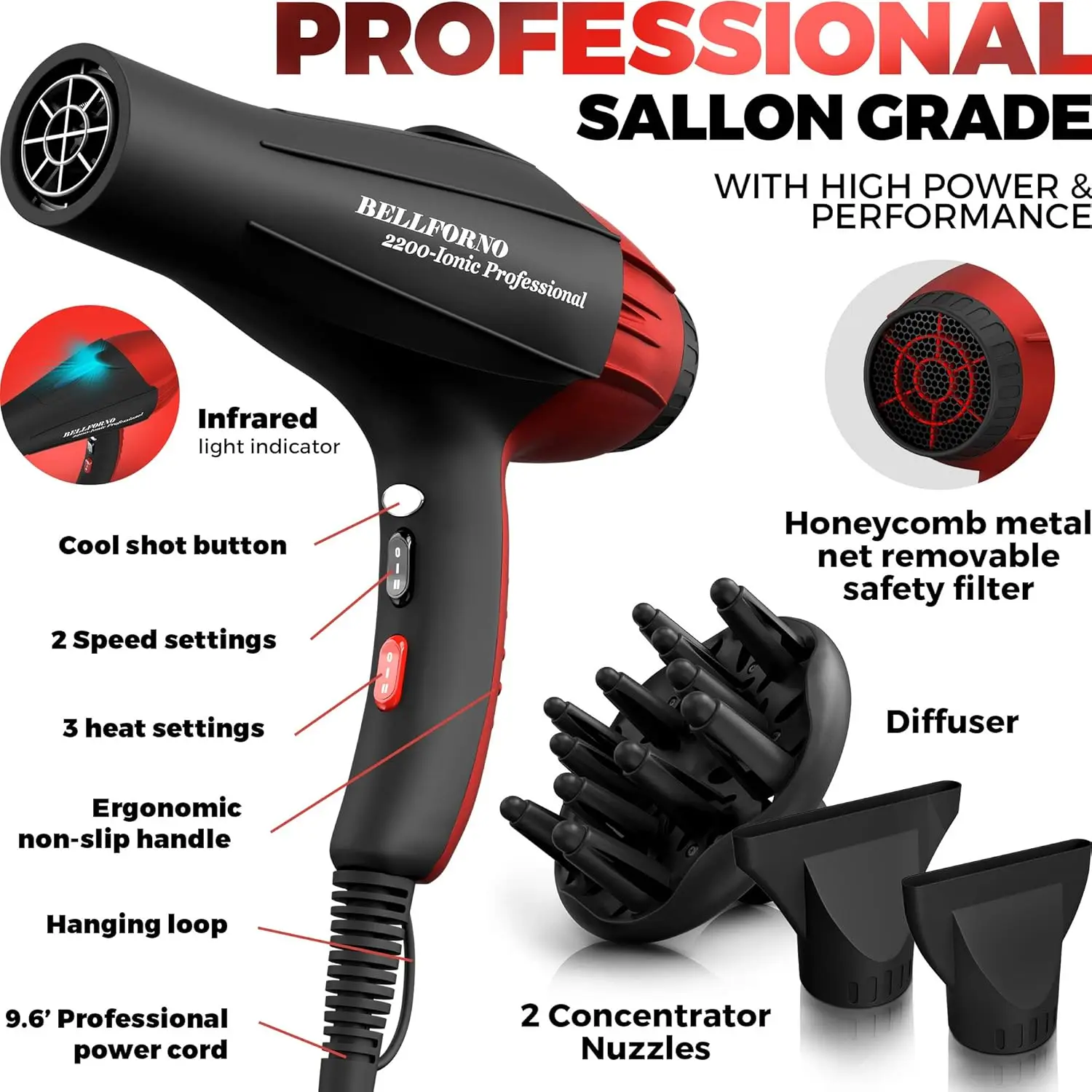 Ionic Salon Hair Dryer, 2200 Watt Powerful AC Motor Ceramic Tourmaline Ion Blow Dryer, Quiet Hair Dryers with Diffu