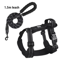 Reflective Adjustable Dog Harness with Handle - Easy Control Vest - M (Black with leash)