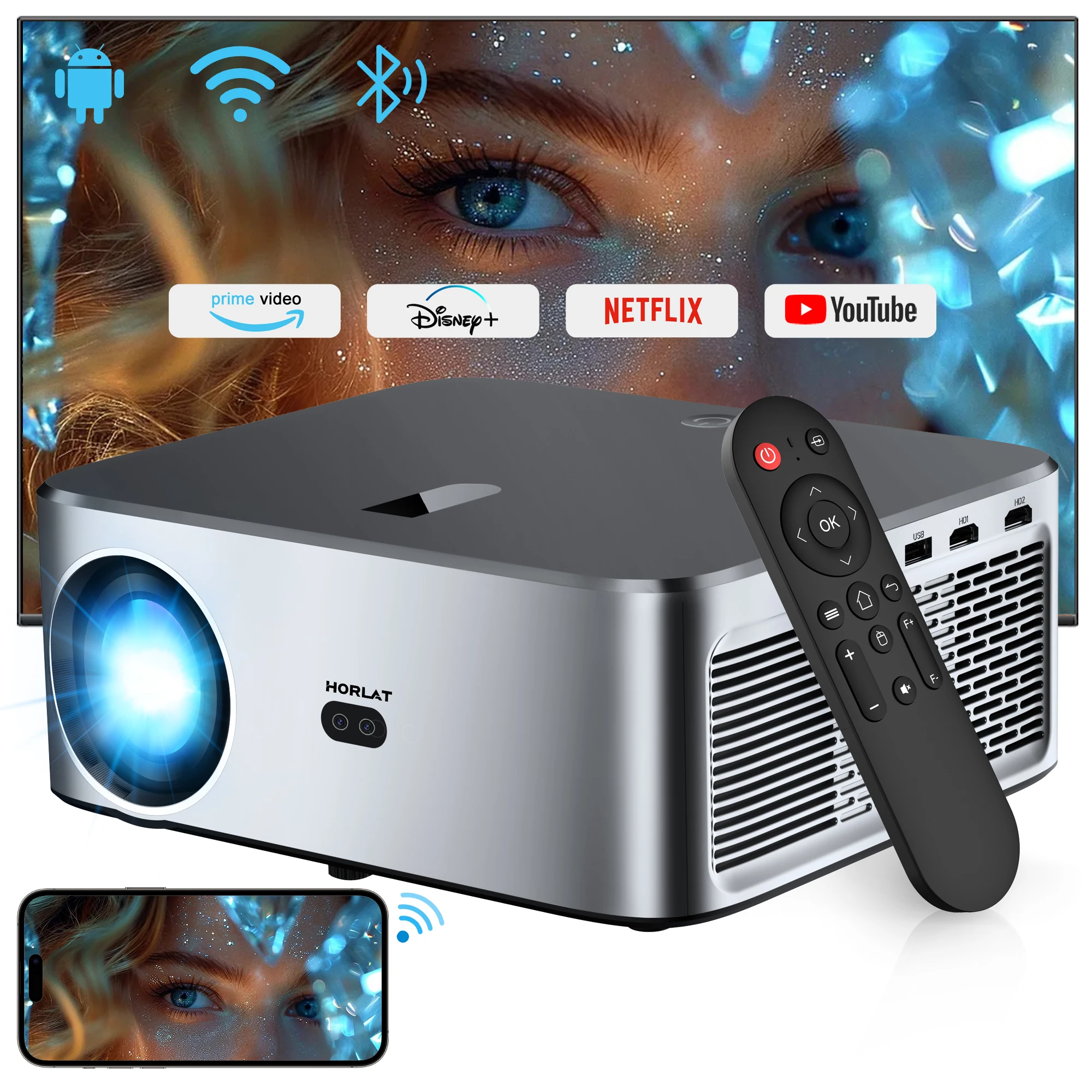 

HORLAT Android LED 4K Projector 700ANSI Full HD 1080P Video Home Theater Keystone 5G WiFi 18000Lumens Portable Proyector Dolby