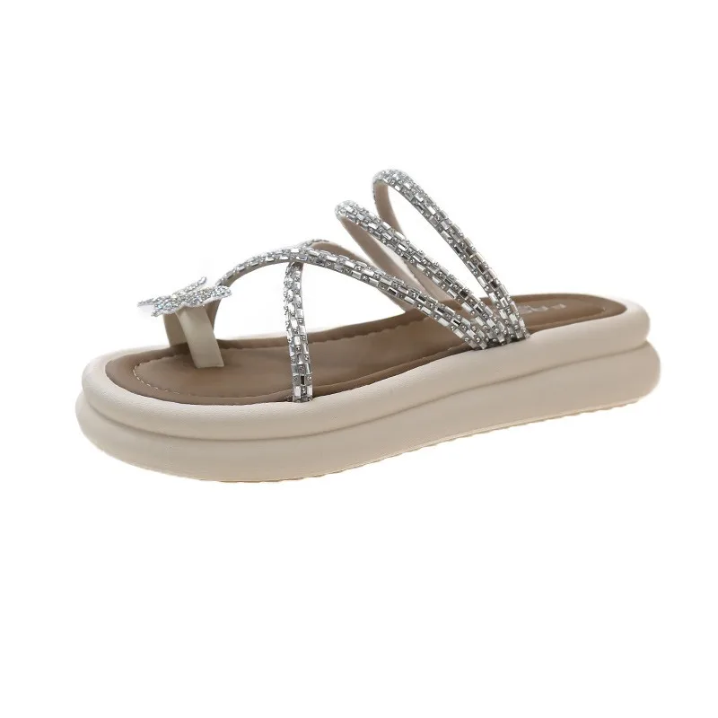 

Versatile soft-soled rhinestone cross slippers women's new rhinestone bow pullover slippers for summer