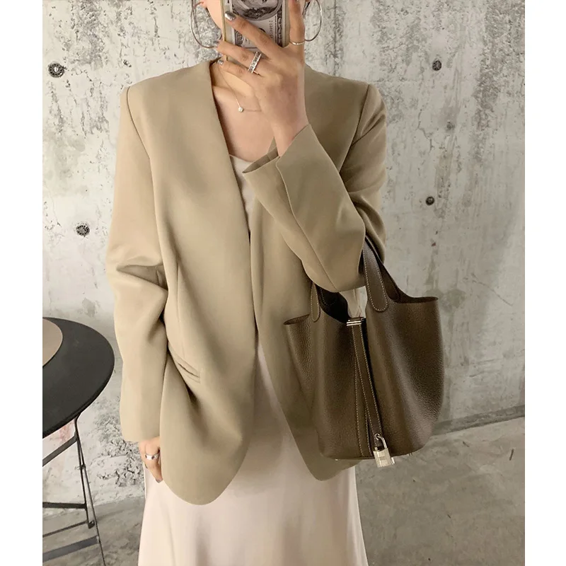 

Женский винтажный блейзер цвета хаки, с V-образным вырезом и воротником-стойкой, свободные прямые жакеты в Корейском стиле, одежда для работы, весна 2024