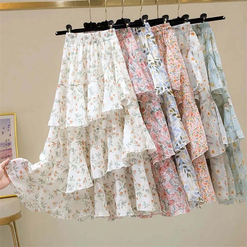 

Gowyimmes 2023 Fashion Women Floral Chiffon Skirt Elegant Slim Lady High Waist A-line Ruffle Cake Skirts Bottomings Mujer PD1502