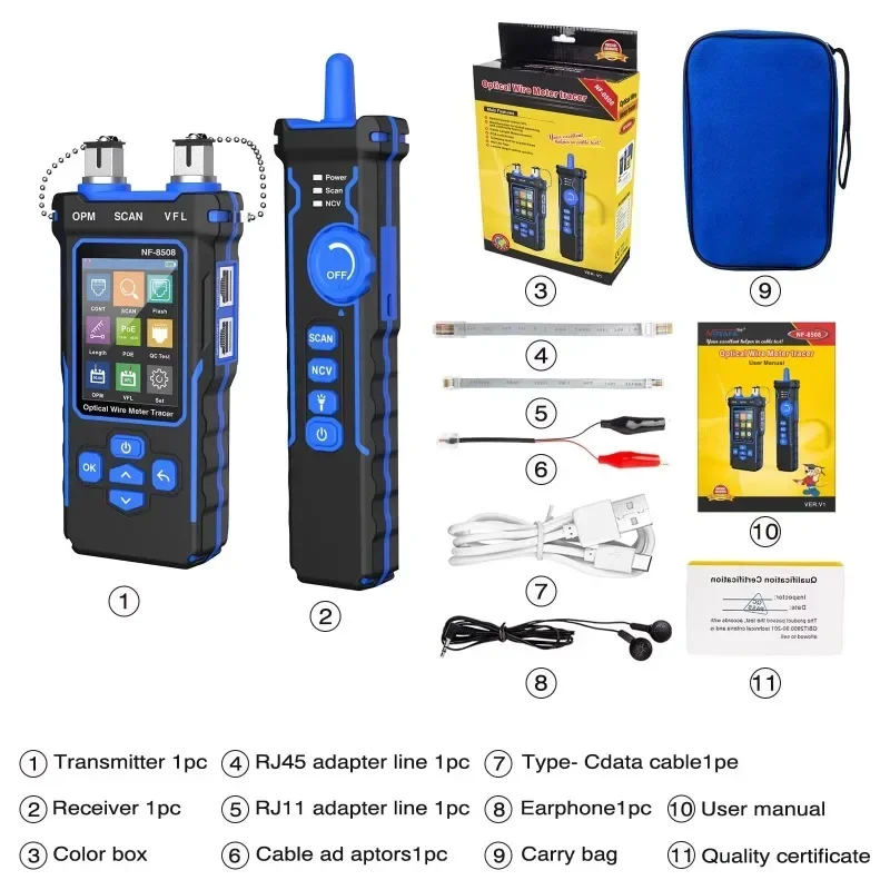 NF-8508 Network Cable Tester LCD Digital Rechargeable Network Line Finder Wire Tracker PoE Checker Optical Wire Meter