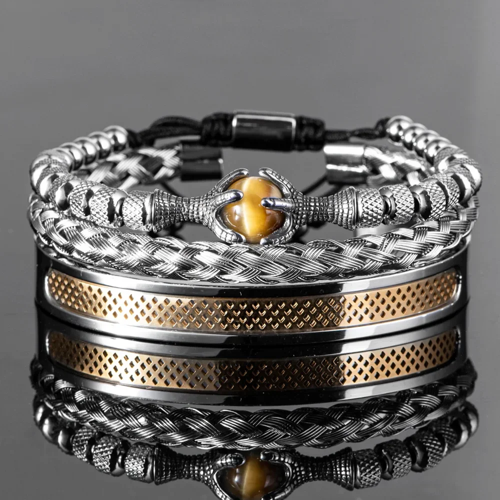 

Fashion Trendy Men's Bracelet Set Stainless Steel Jewelry Dragon Eagle Claw Blue Tiger Eye Twists Bracelet Metal Chain Gifts