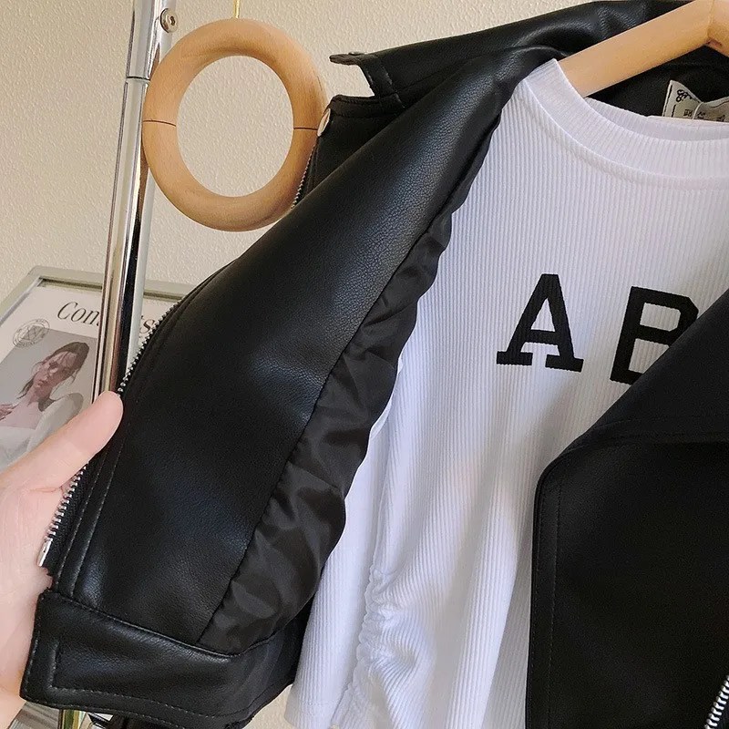 PU Leather Jackets Kids Boys Girls Autumn Spring Classics Lapel Zipper Outerwear Fly Coats Casual Clothing 1-8 Years