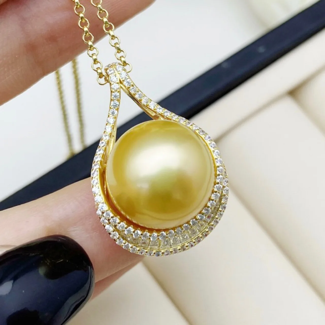 

hot AAAA++++ 10-9mm South Sea Gold Round Pearl Pendant Necklace 925S 18inch