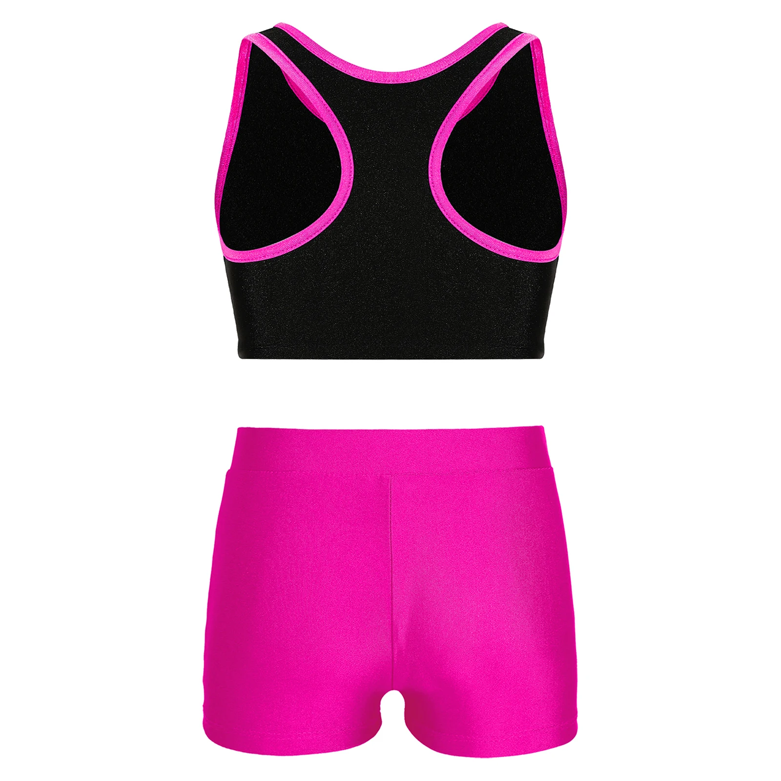 Kids Girls Sports Suits Stylish Sleeveless Racerback Crop Top Contrast Trim Stretchy Sport Tops with Mid Waist Shorts Gymnastics