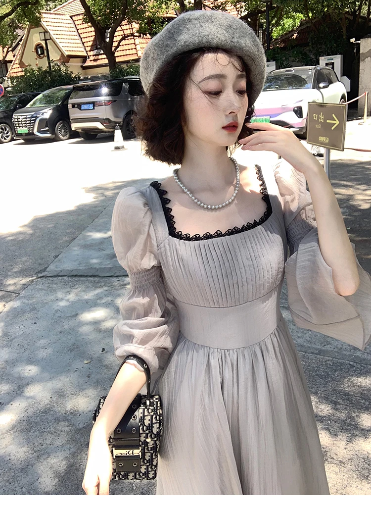 Autumn Princess Midi Dresses for Women Square Collar Flare Sleeve A-line Party Dress Slim Waist Korean One Piece Vestidos New