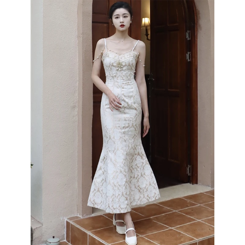 

French Vintage Palace Pearl Women Mermaid Dress Sleeveless Spaghetti Strap Summer Vestido Elegant Baroque Print Party Dress 2022
