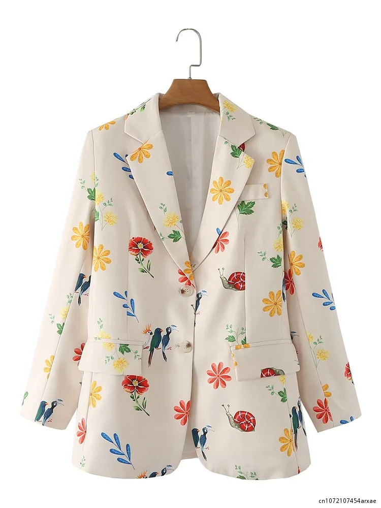 

Women 2023 Autumn New Fashion Print Single Button Casual Blazer Coat Vintage Long Sleeve Pockets Female Outerwear Chic