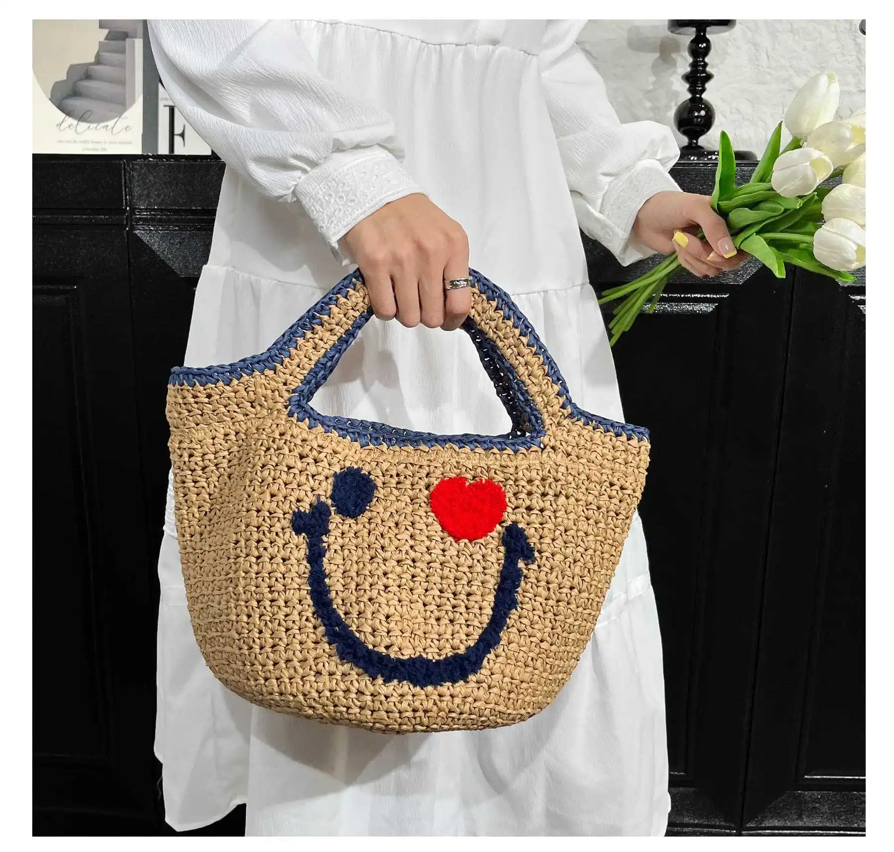 Neue Ankunft Stroh gewebte Handtasche süßes lächelndes Gesicht Eimer gestrickte Tasche Sommer Strand Top-Griff Totes Damen Reise Einkaufen Geldbörse – Detail 13