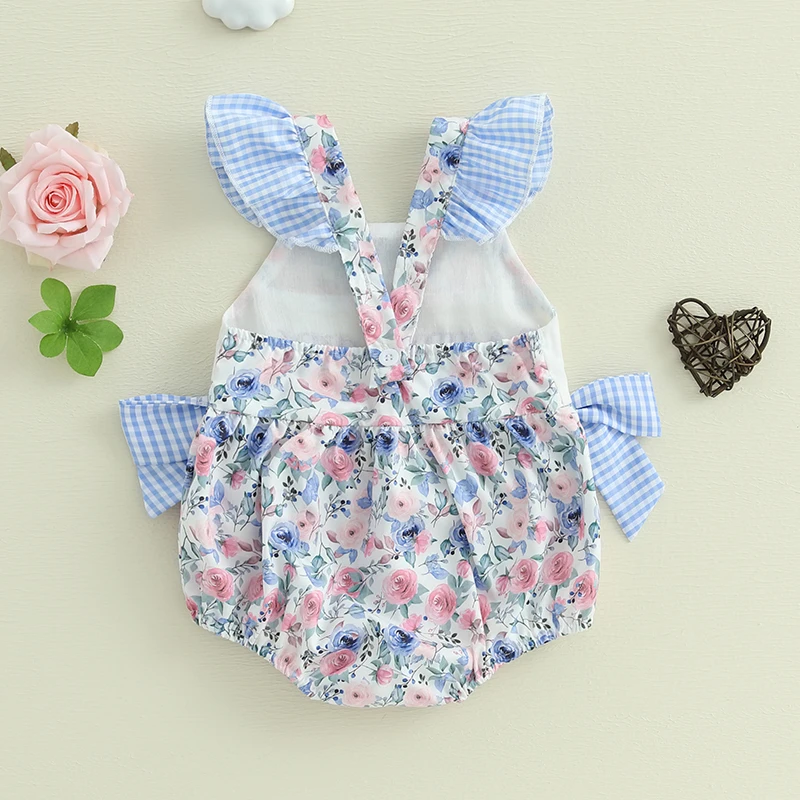 Baby Girls Romper, Fly Sleeve Flower Print Embroidery Letters Bow Infant Bodysuit Summer Clothes for Casual Daily