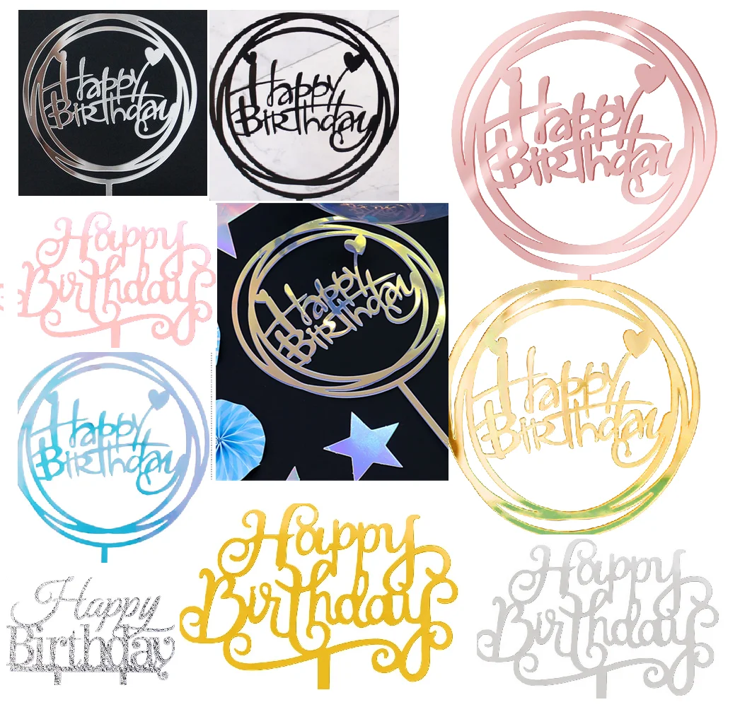 

1 PC 12cm Wide Cake Topper Happy Birthday Party Supplies Baby Shower Wedding Ceremony Colorful Mirror Rose Gold Blue Silver