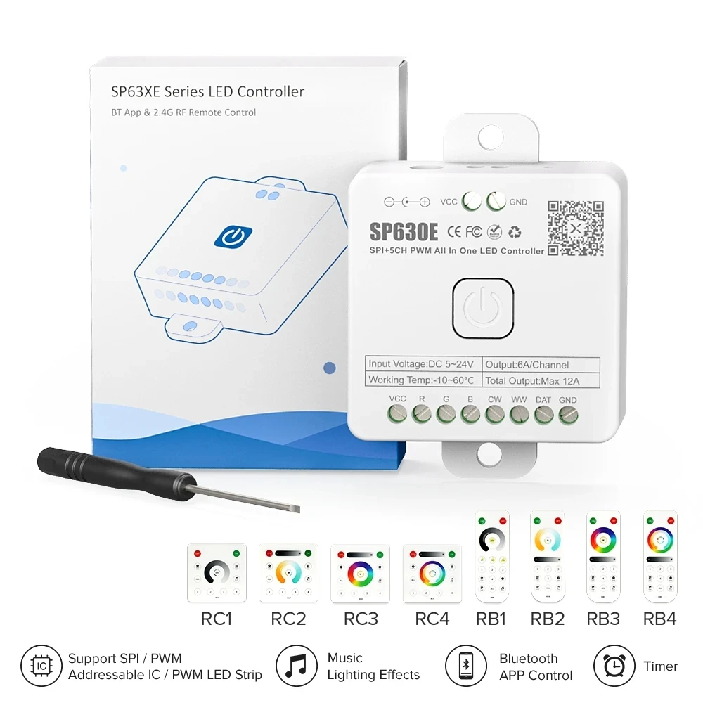 All In One SP630E LED Controller 5CH PWM SPI Pixels LED Light Strip WS2812B WS2811 SK6812 FCOB 5050 RGB RGBW CCT Music BT 5V-24V 5v 24v 12v 5050 rgb pixels music led controller ws2811 ws2815 ws2812b led strip built in mic ios android wireless remote control