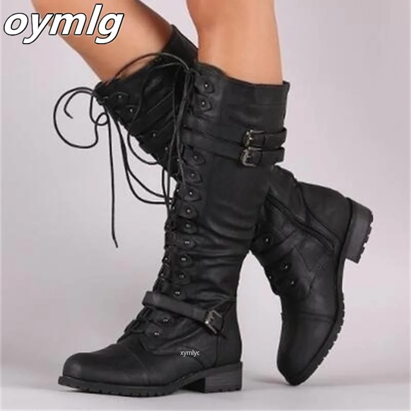 Women Knee high Boots Autumn Winter Lace Up Flat Shoes Sexy Steampunk PU Retro Buckle women shoes Ladies Snow Boots women knee boots