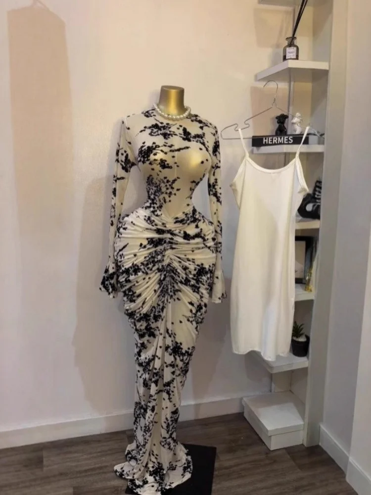 Wmstar Dress Women Wholesale Cross Border Women Clothing Long Sleeved Sexy Tulle Flower Flocked Pleated Dresses with Inner Layer