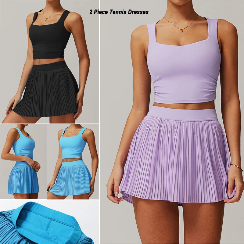 2 Piece Tennis Dresses for Women High Waisted Pleated Skirt Sets Square Neck Padded Crop Top Athletic Workout Dress with Shorts
