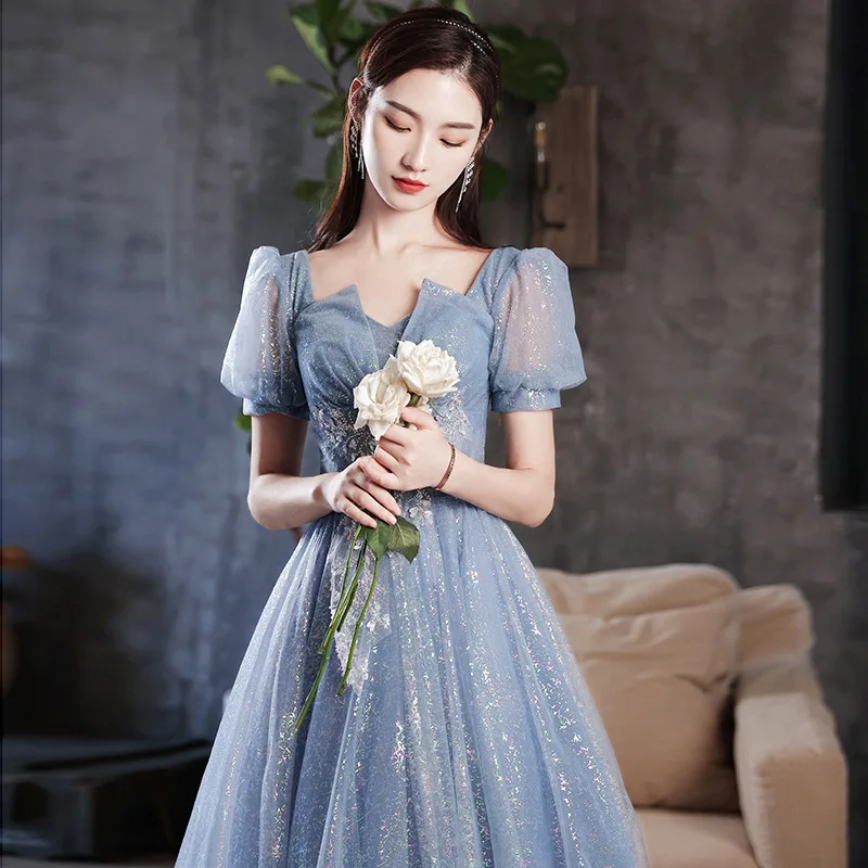 New greydish blue long lady girl women bridesmaid banquet party ball prom dress performance gown