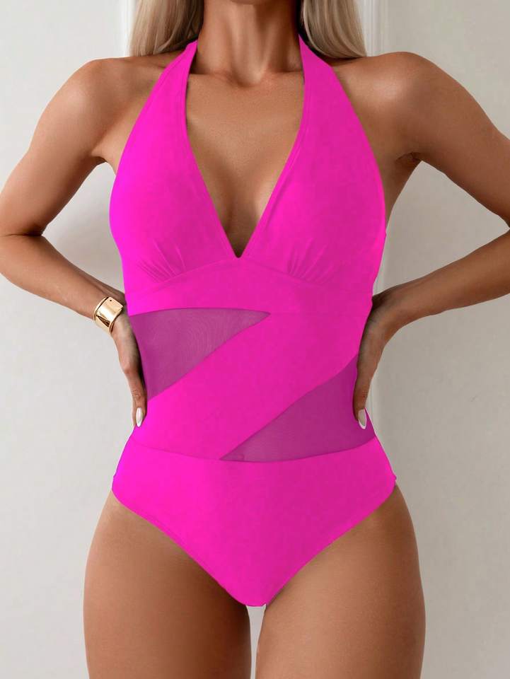 2025 new European and American lace-up halterneck conservative one-piece swimsuit women's flesh covering slim bikini beach spa s