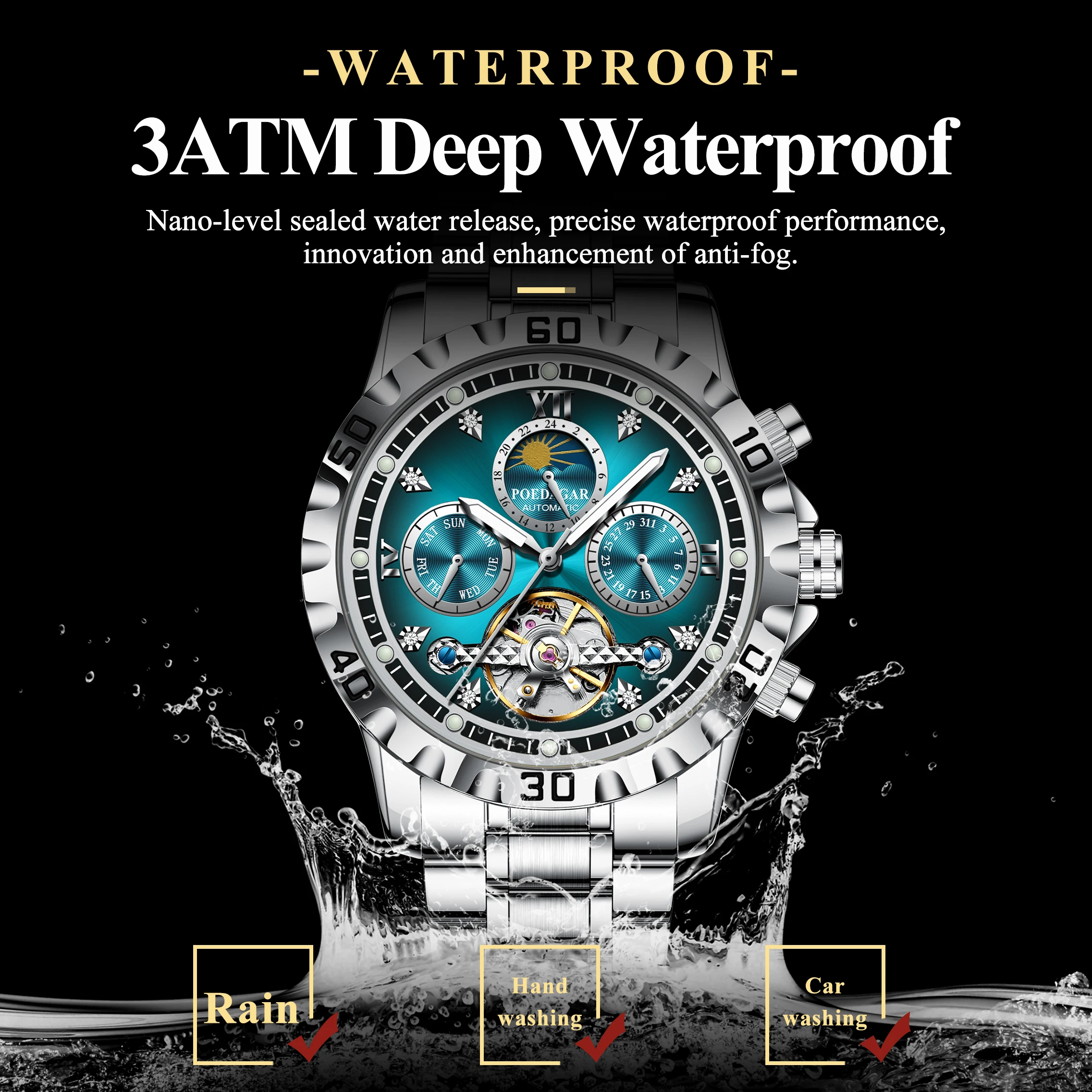 Reloj de hombre de lujo militar, mecánico, resistente al agua, con tourbillon hueco, automático, de acero inoxidable + caja._voghion.com