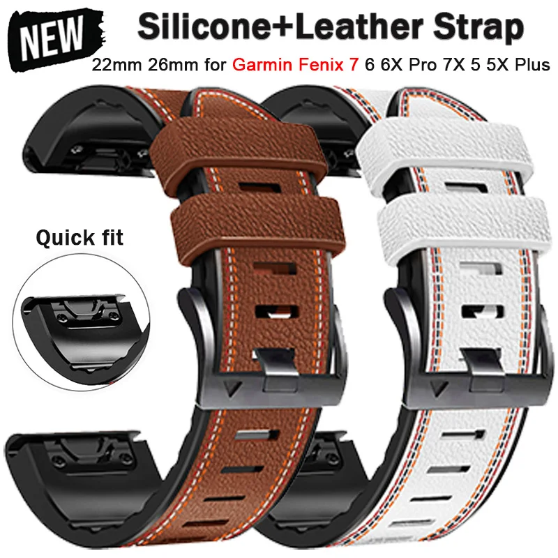 

22mm 26mm Strap For Garmin Fenix 6 6X Pro 7 7X 5 5X Plus Silicone+Leather Watchbands 945 Easyfit Replacement Wristband Bracelet