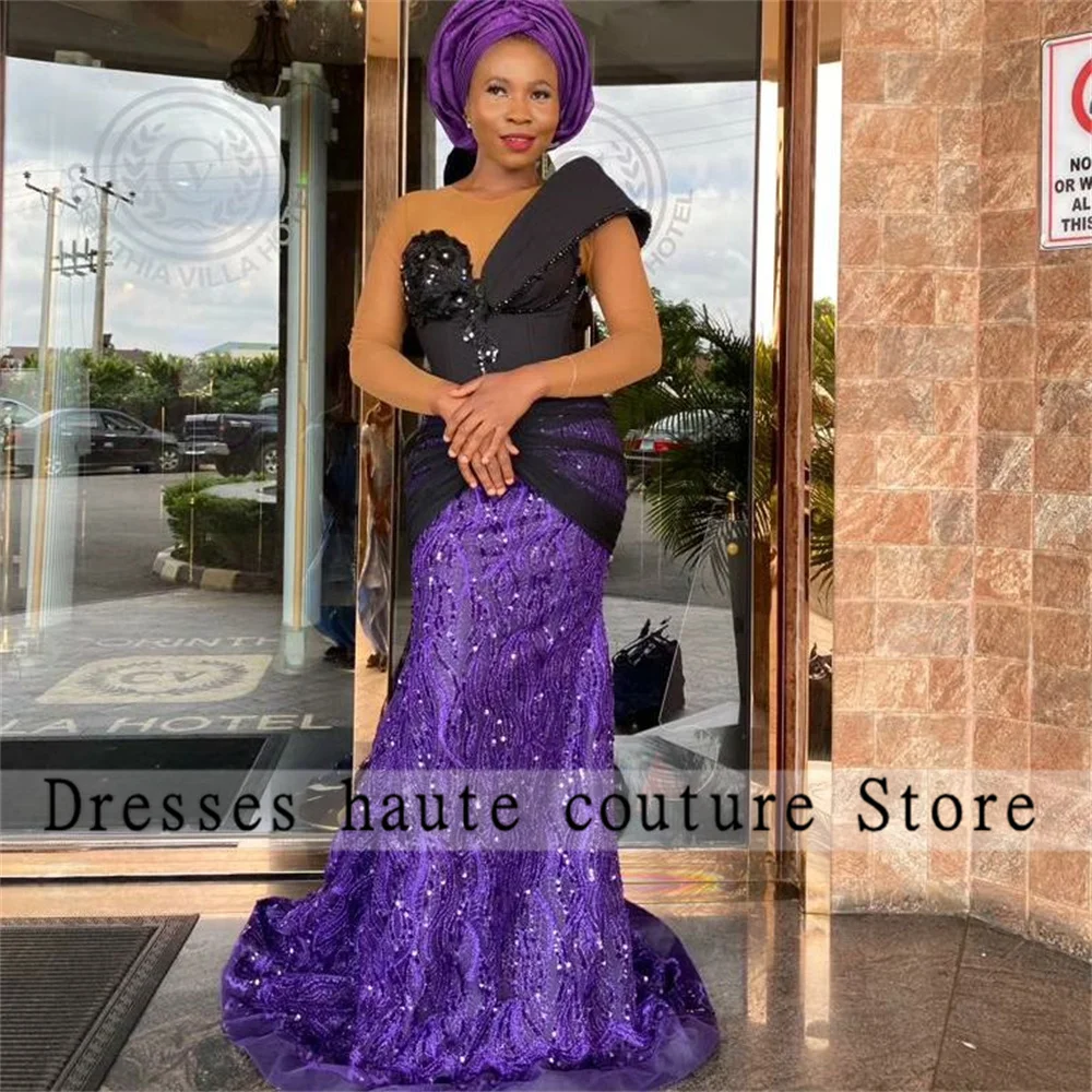 

Aso Ebi Style Purple Beaded Lace Evening Dresses 2023 Long Sleeve Mermaid Prom Dress Nigerian African Women Formal Party Gowns