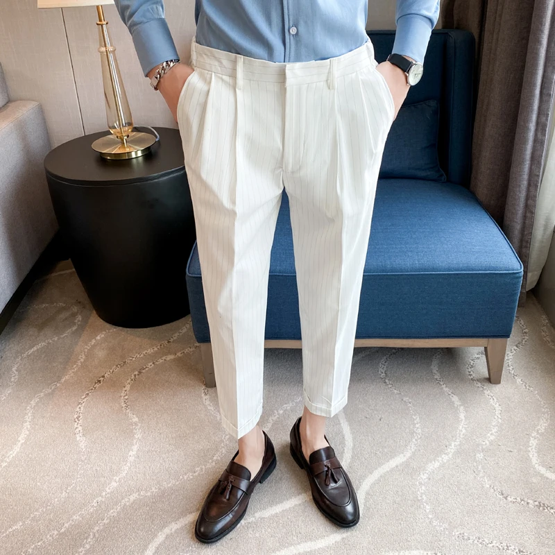 British Style Summer Men Formal Pant Fashion Belt Design Slim Fit