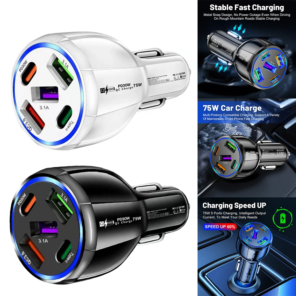 

Super Fast Car Charger 75W 3USB + 2PD Port Universal Socket Adapter For Phone 12-24V Vehicles Car Electronics Accessories