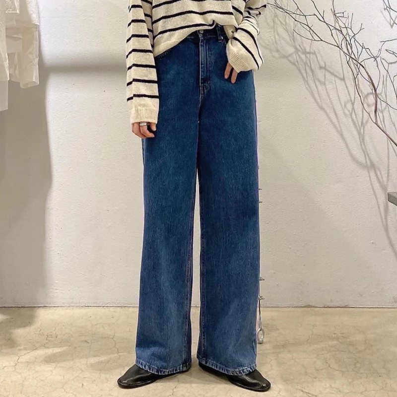 High Waist Wide Leg Denim Jeans Women's Vintage Chic Waed Blue One Button Design Loose Fit Autumn Straight Tube Trousers