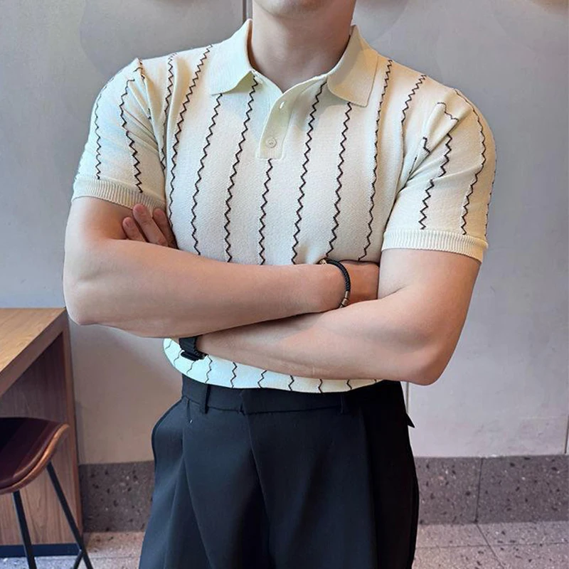2025 Spring Summer New Casual Mens Polo Shirt Vintage Striped Crochet Buttoned Polo Neck Knit Tops Men Fashion Slim Fit Polos 7 Scd98b843204f4a35be13e6c110ec3b18G