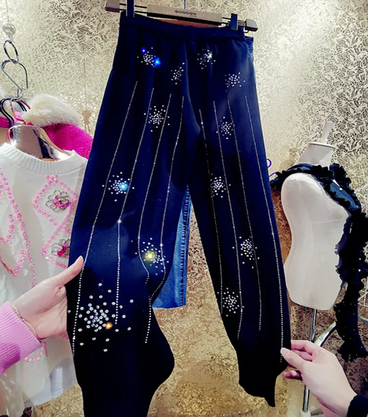 

Shiny Fashion Diamond Knitted Pants Women Long Trousers Spring Autumn