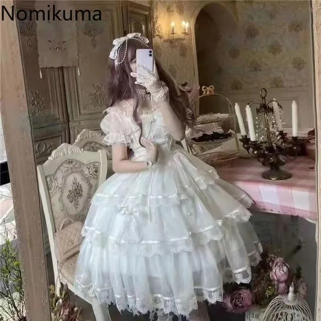 Lolita Style Cute White Woman Dress 2025 Vestidos De Mujer Slash Neck Puff Sleeve Tunic Sweet Summer Dresses Bow Lace Robe Femme 1