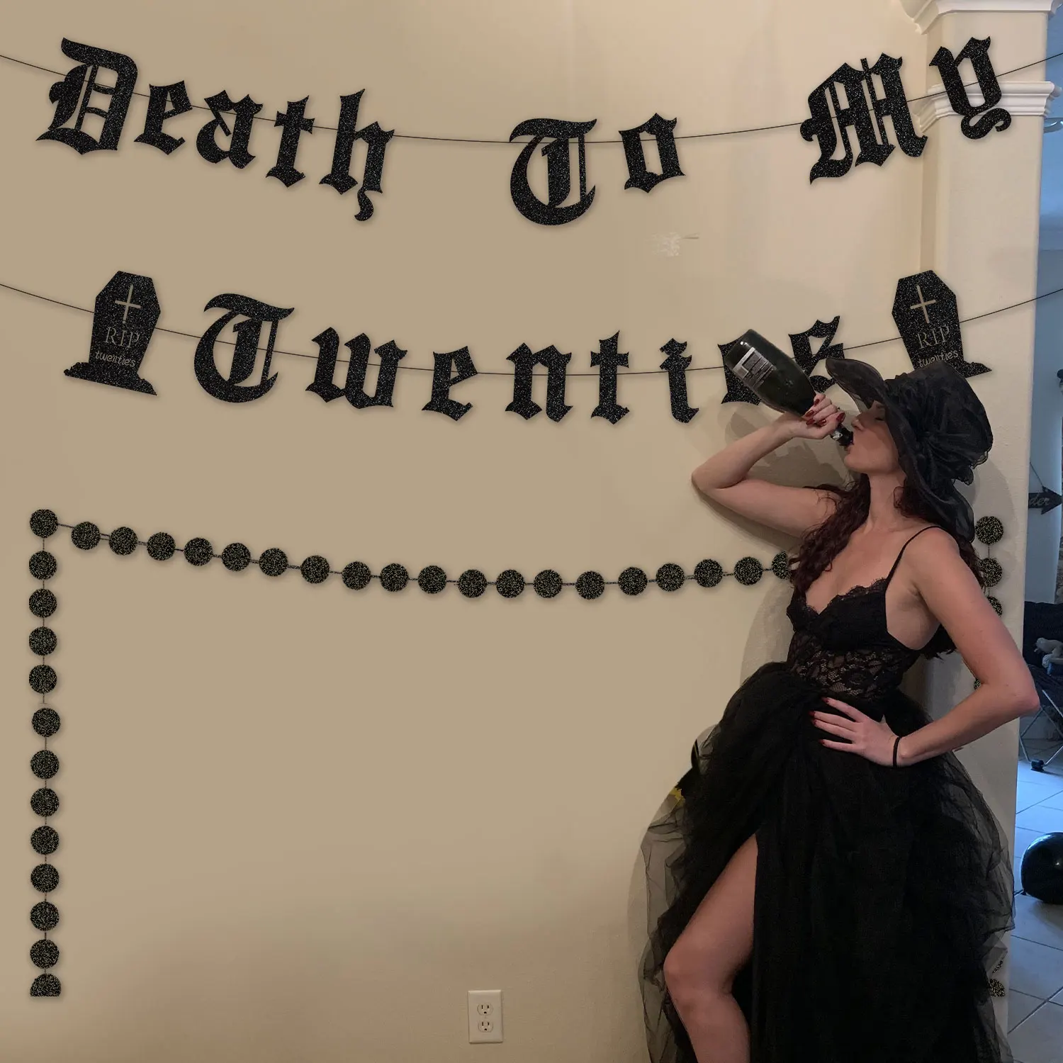 30th Rip 20s Birthday Decor for Women Black Glitter Death to My Twenties Banner Black Circle Dot Garland for Women Funeral 30th