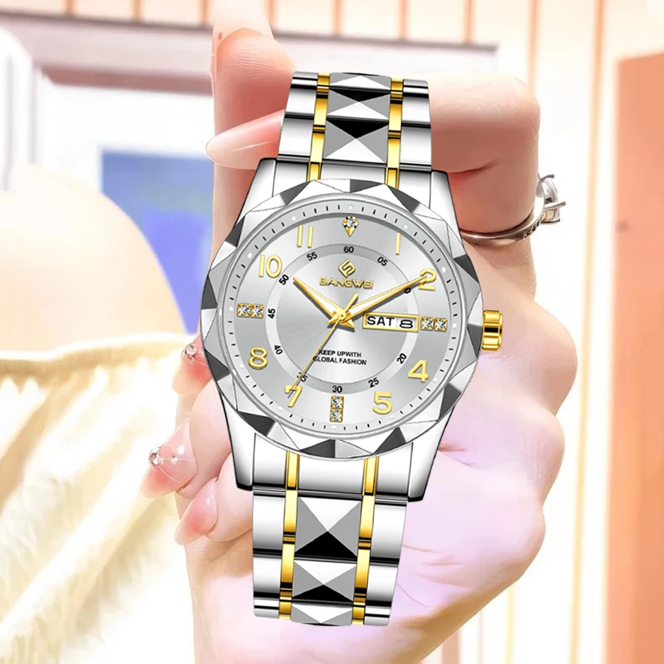 New Original BANGWEI Diamond Watch For Women Simple Round Stainless Steel Waterproof Ladies Watches Luminous Quartz Chronograph