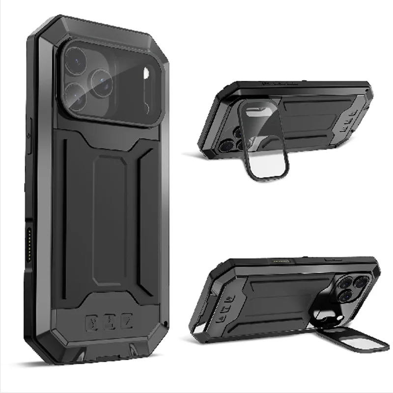 Premium 360° Metal Tempered Glass Rugged Shockproof Case with Kickstand and Camera Protector