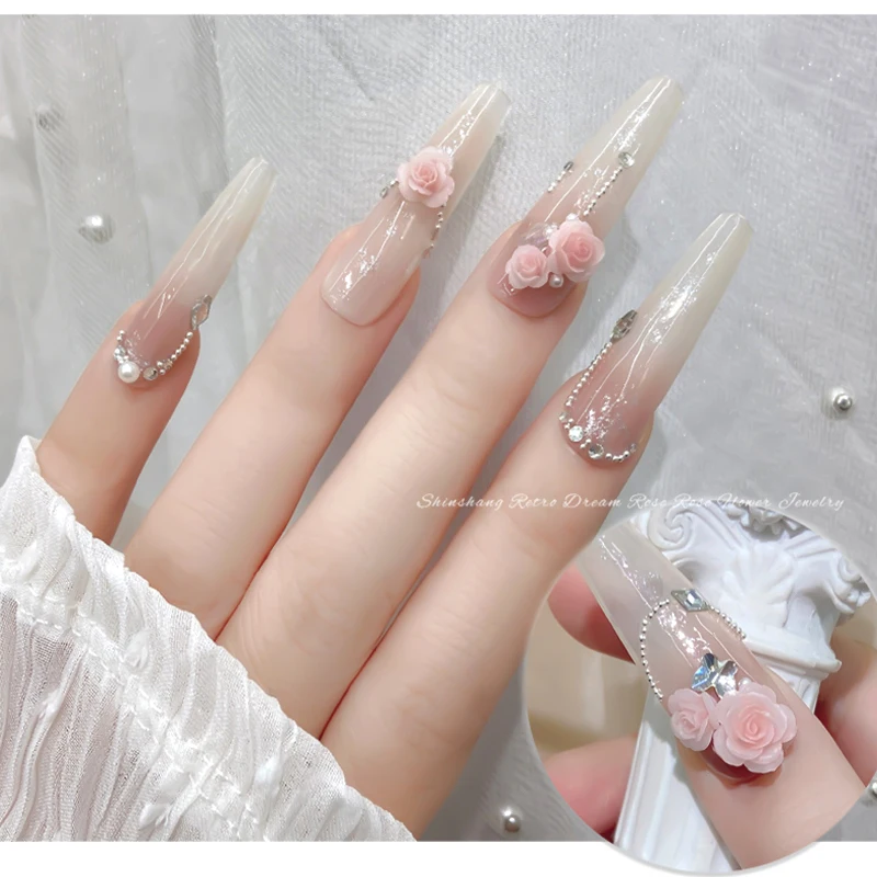 6er-Set 3D Rosenblüten Nagelkunst-Charms, glänzende, flache Harz-Strass-Nageldekorationen, DIY-Maniküre-Zubehör für Nageldesign – Detail 10