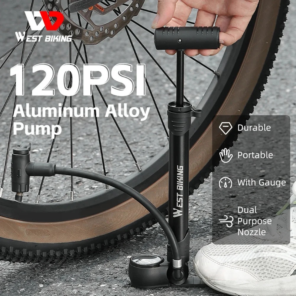 WEST BIKING Bicycle Floor Pump With Gauge 120PSI MTB Bike Ball Air Pump Inflator Schrader Presta Air Inflator Bicycle Pump Wheel