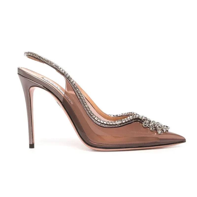 Fashion Baotou Sandals Women's 2024 New Summer Water Diamond Slim Heels Women's Shoes Super High Heel Pointed Transparent Shoes