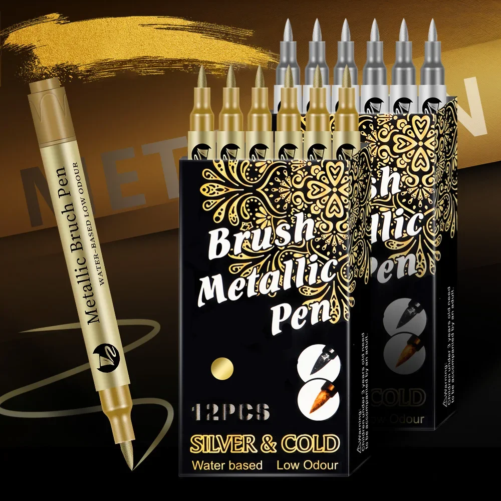 Color Markers 12 Soft Headed High Gloss Metal Greeting Card Painting Water-based Pens Activity Signature Golden Pen Soft Head