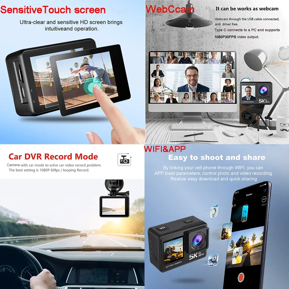 Action Camera G9SE 5K30fps 4K60fps 50MP 2.0 Touch LCD EIS DVR Webcam Dual Screen Wi-Fi 170D Waterproof 30M 5X Zoom Sports