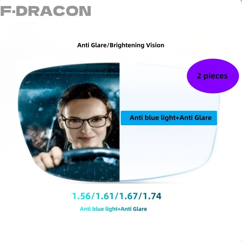 F&middot;DRACON Anti Blue Light And Anti Glare 1.56/1.61/1.67/1.74 Glare Driving Myopia/Hyperpia/Astigmatism Prescription Lenses