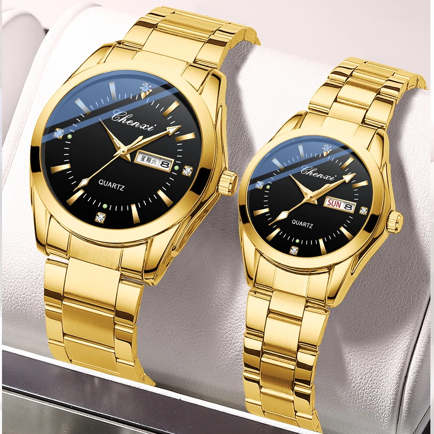 Часы наручные для влюбленных пар, роскошные золотистые водонепроницаемые повседневные деловые, с браслетом из нержавеющей стали