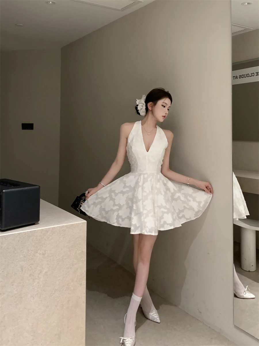 Y2K Halter Backless Short Dresses for Women V-neck Jacquard Sleeveless A-line Birthday Party Dress Prom Mini Vestidos Mujer New