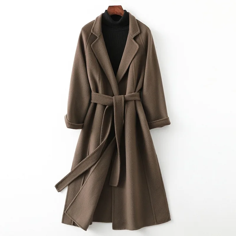 

2023 Korea Autumn and Winter New Fashion Woolen Overcoat Women Long Lacing Belt Gray Wool Blends Reversible Cashmere Coat Jacket