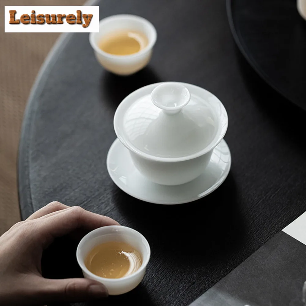 115ml Iced Jade Porcelain Gaiwan Ancient Dehua White Three Talent Tea Tureen Tea Brewing Cover Bowl Tea Services Decoration