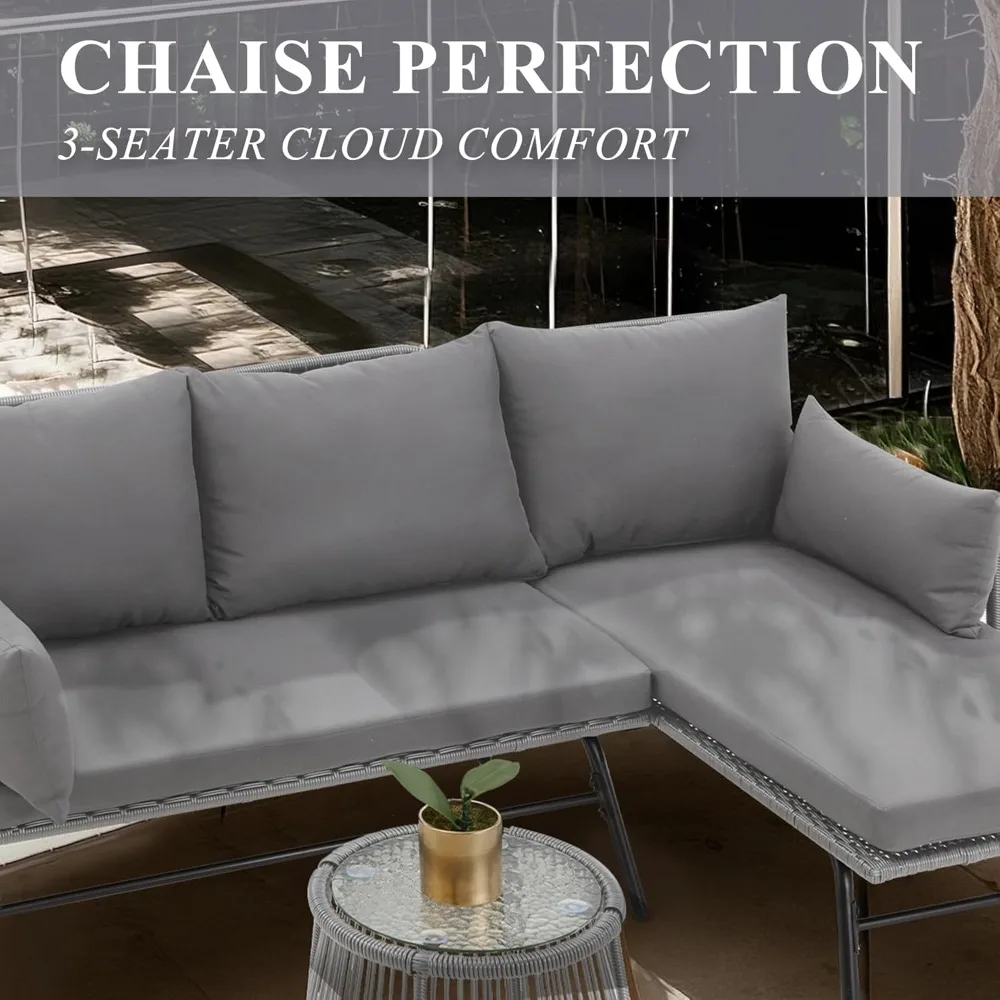 3-Piece Outdoor Patio Furniture Set, L-Shaped Rattan Sectional Sofa with Thick Cushions, Glass Coffee Table