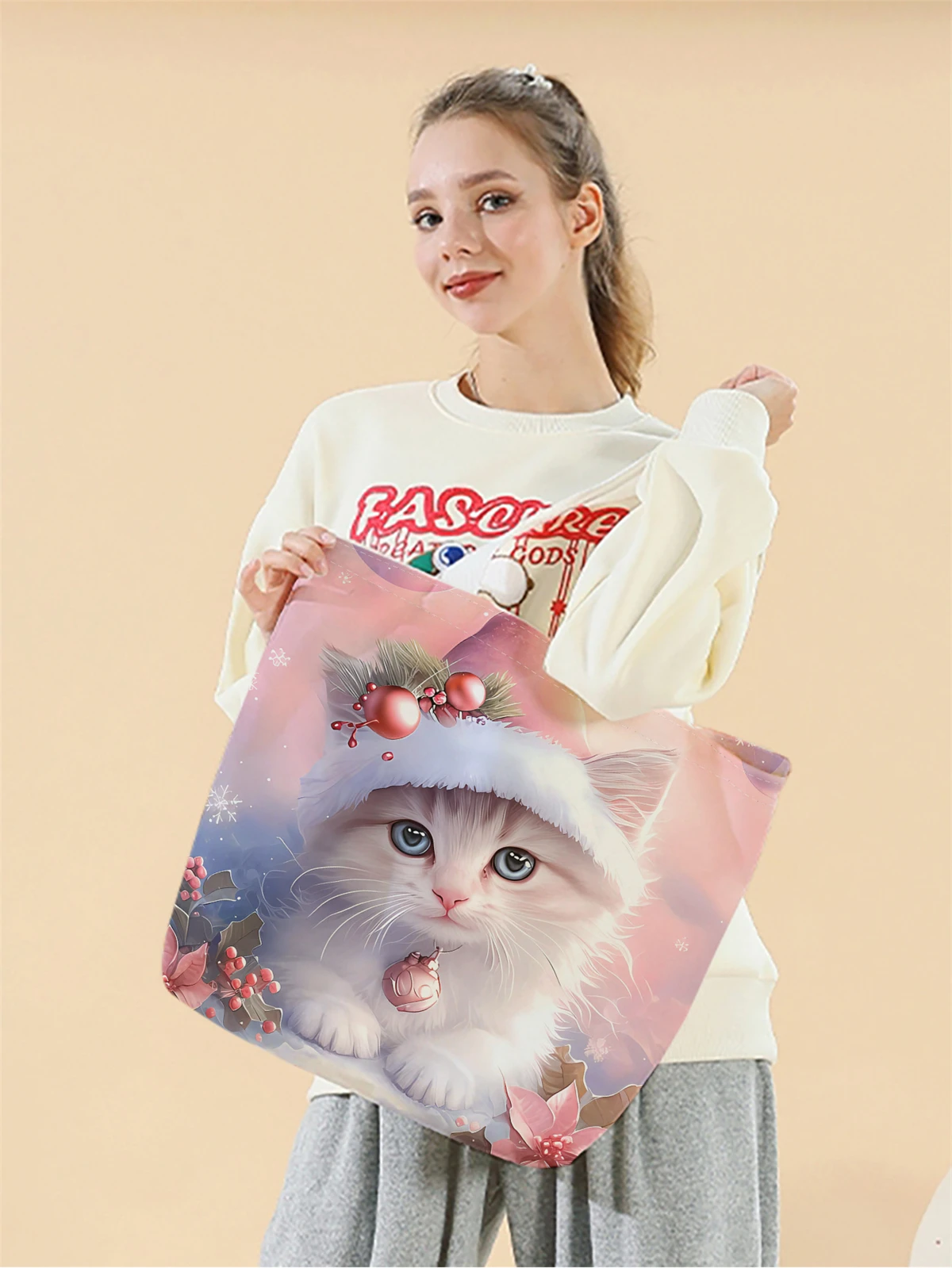 1pc,Christmas cat handbag, reusable fashionable handbag, multifunctional handbag, printed canvas shopping bag