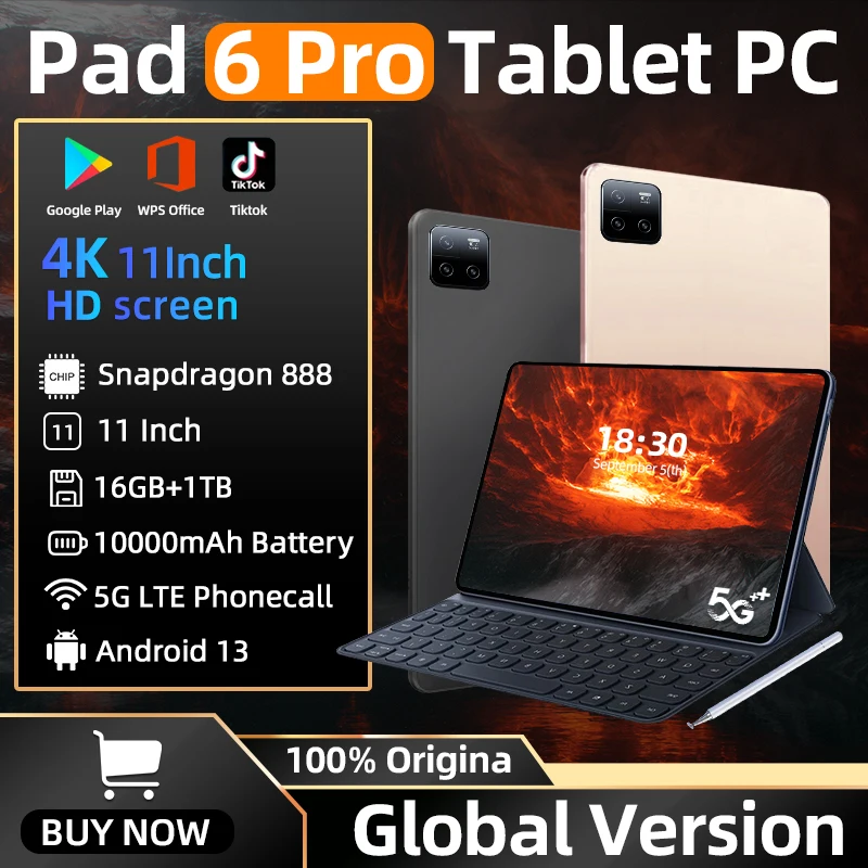 2024 오리지널 글로벌 버전 패드 6 프로 태블릿 PC, 스냅드래곤 888, 10000mAh, 안드로이드 13 RAM, 16GB ROM, 1TB, 5G HD, 4K 화면, 와이파이, 미 탭