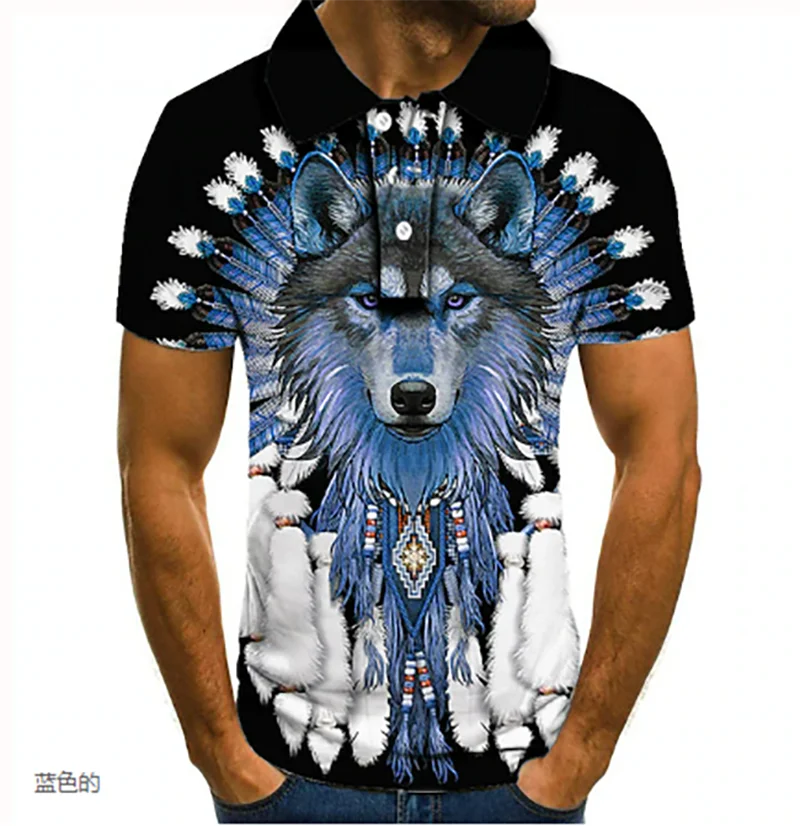 Description Picture 6 of itemMen's Polo Shirt Tennis Shirt Golf Shirt Wolf Pattern Printed Collar Black Red Blue Green 3D Printed