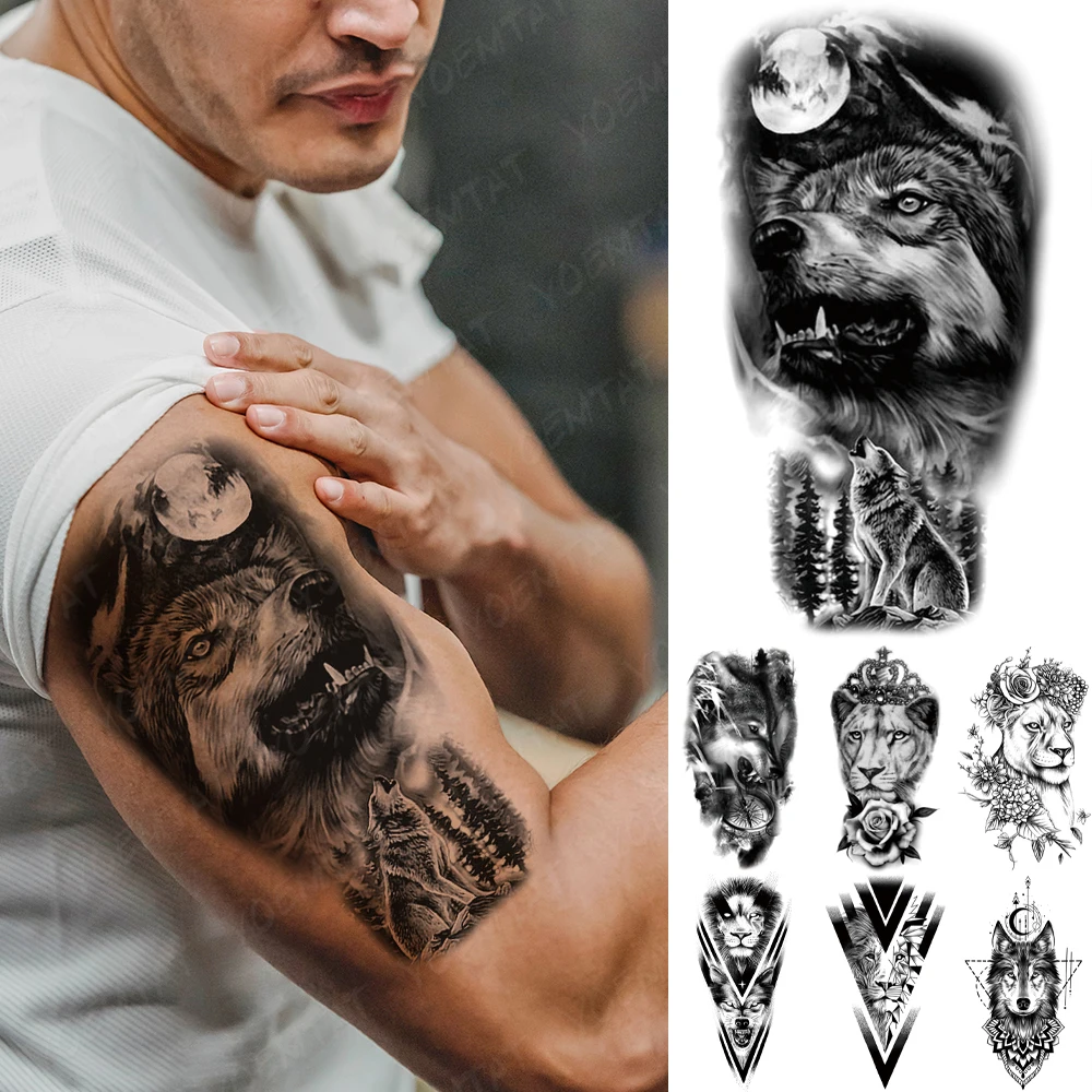 

Forest Wolf Waterproof Temporary Tattoo Sticker Lion Tiger Crown Clock Geometric Flash Tatto Women Men Arm Body Art Fake Tattoos